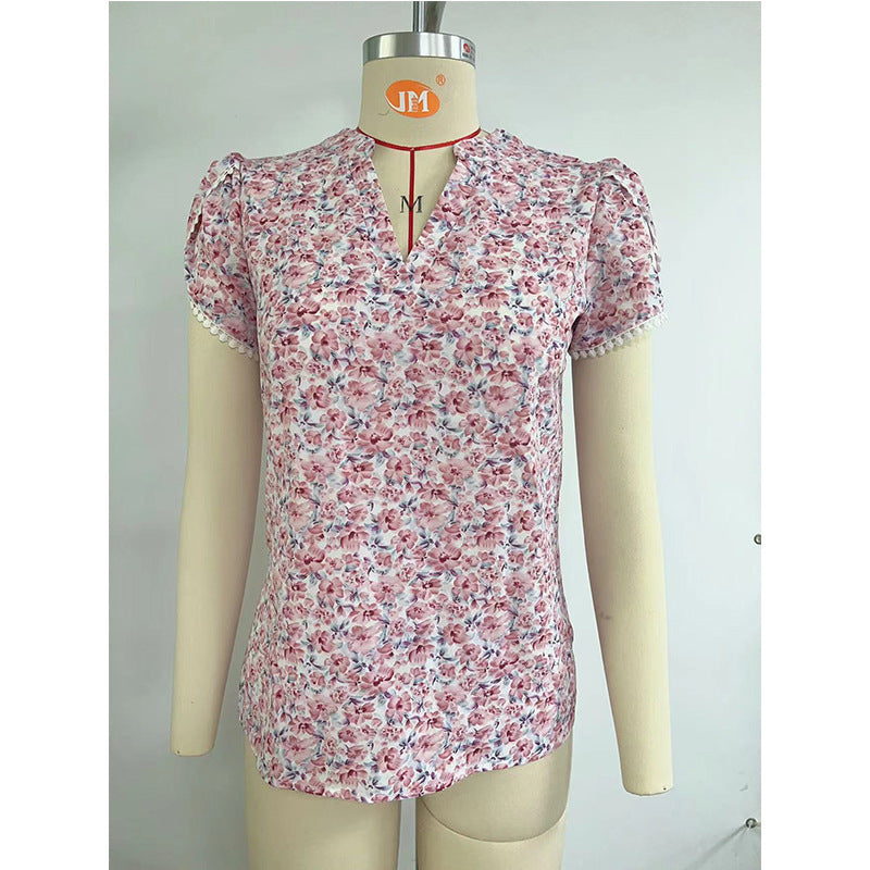 Camisa de mangas abullonadas de encaje con top floral de gasa con cuello en V para mujer