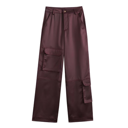 Women Silk Satin Textured Pocket Overalls High Waist Straight Pants