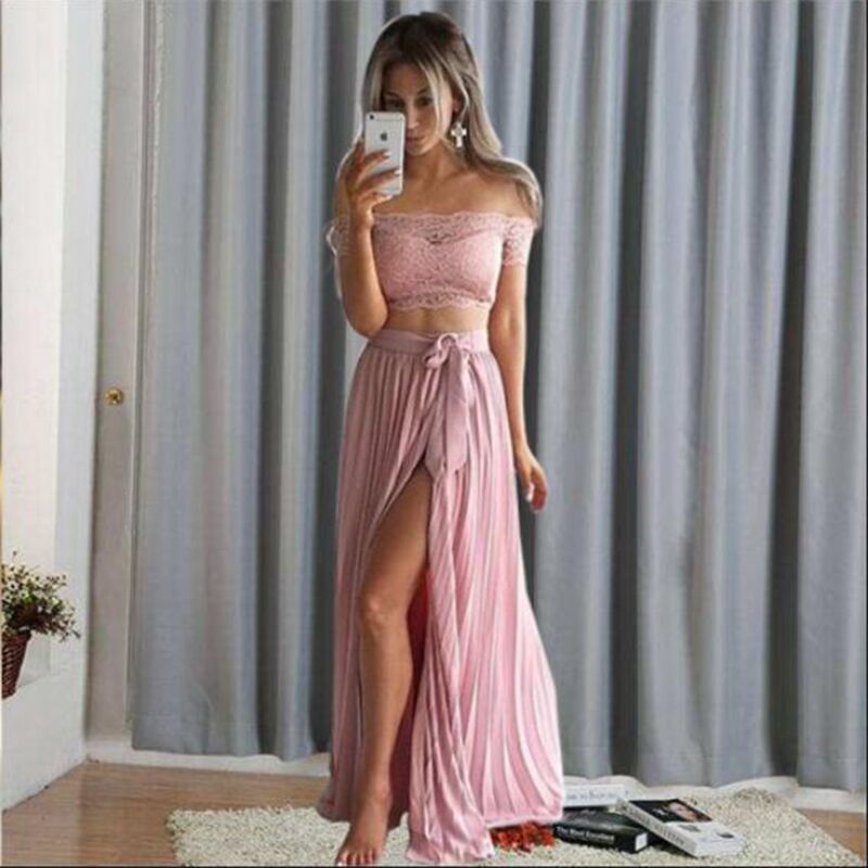 Women Clothing Popular Solid Color Dress Women Lace Skirt Two Piece Set