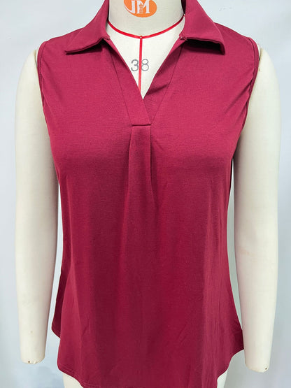 Camiseta holgada con cuello tipo Polo de Color liso para verano, Top sin mangas para mujer