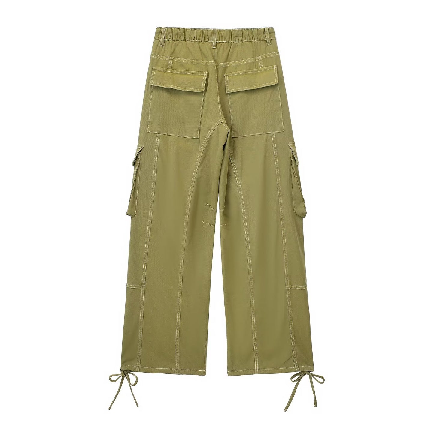 Pantalones de pierna ancha de cintura alta con múltiples bolsillos para mujer, ropa de trabajo informal con cordón decorativo, verano