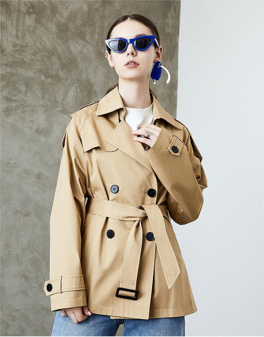 Women Element Spring Autumn Fried Street British Trench Coat Lace up Waist Controlled Slimming Little Trench Coat Women