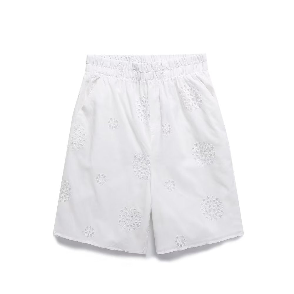 Ropa de mujer Pantalones cortos blancos de oficina sueltos bordados con recortes calados de verano