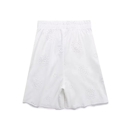 Ropa de mujer Pantalones cortos blancos de oficina sueltos bordados con recortes calados de verano