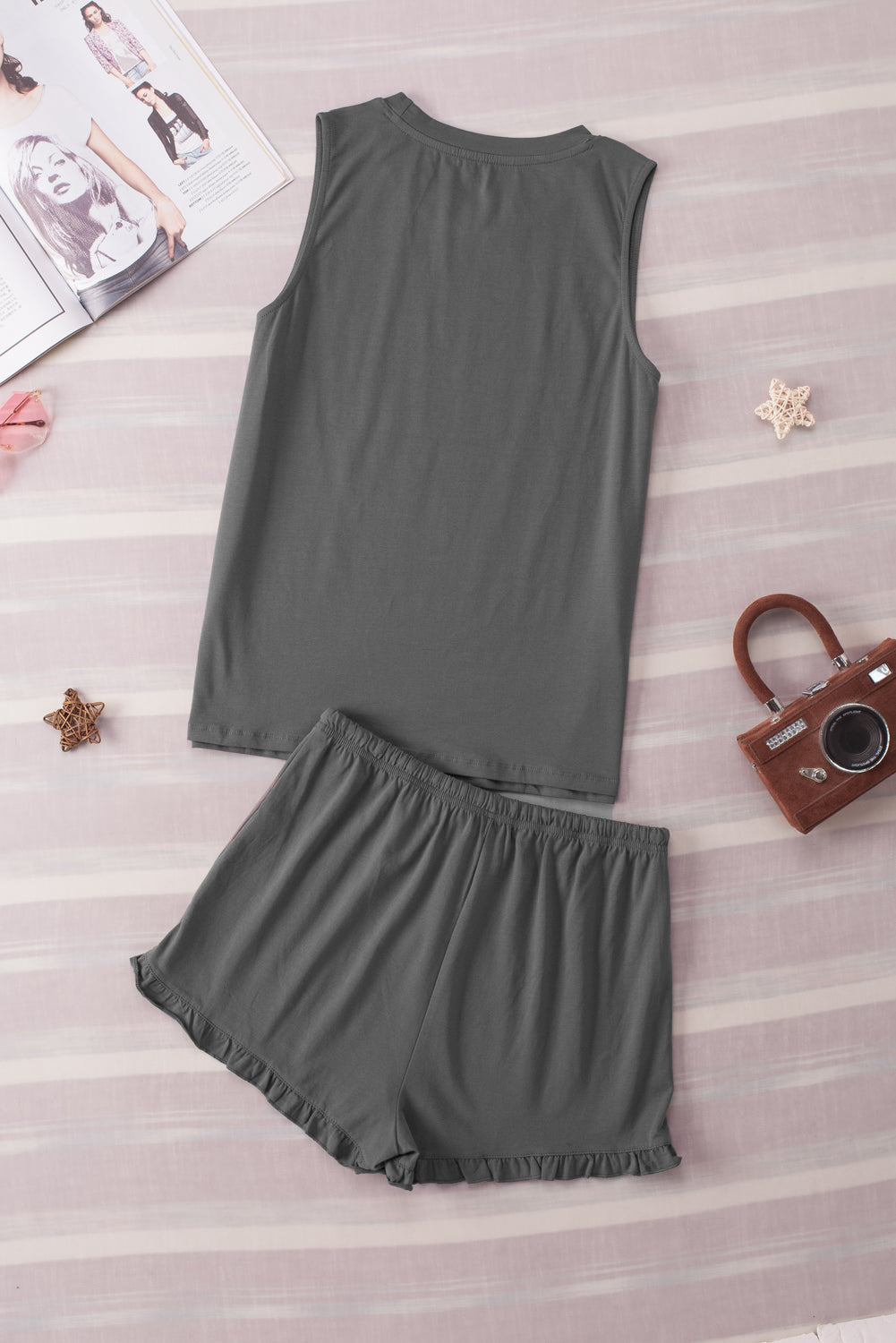 Dark Gray Crew Neck Tank and Drawstring Ruffled Shorts Lounge Set