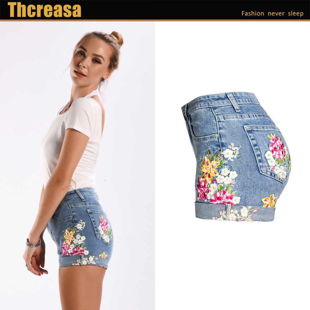 Women Clothing Wide Leg Stretch Shorts Women Clothing 3D Exquisite Embroidered Floral Denim Shorts Women