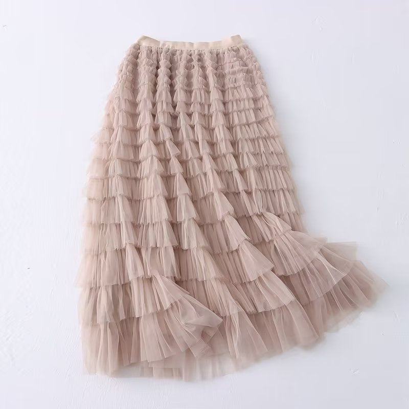 Women Clothing Autumn High Waist Slimming Tiered Dress Solid Color Simple Midi A line Skirt