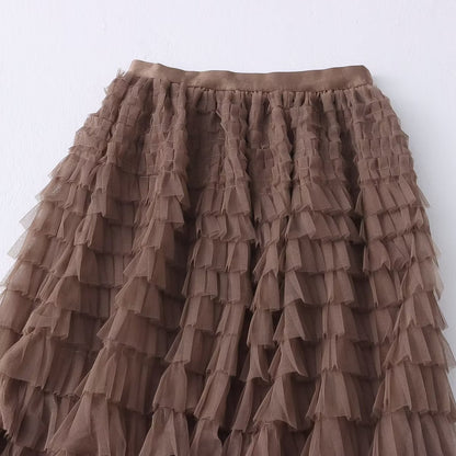 Women Clothing Autumn High Waist Slimming Tiered Dress Solid Color Simple Midi A line Skirt