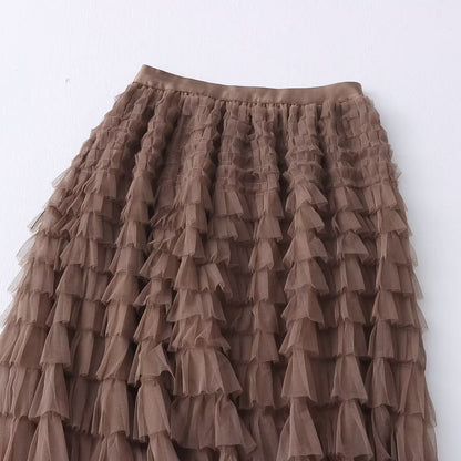 Women Clothing Autumn High Waist Slimming Tiered Dress Solid Color Simple Midi A line Skirt