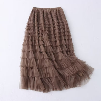 Women Clothing Autumn High Waist Slimming Tiered Dress Solid Color Simple Midi A line Skirt