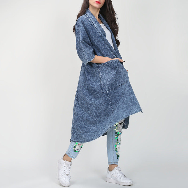 Autumn Winter Loose Lapels Half Sleeve Irregular Asymmetric Hem Long Denim Trench Coat Coat for Women