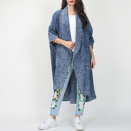 Autumn Winter Loose Lapels Half Sleeve Irregular Asymmetric Hem Long Denim Trench Coat Coat for Women