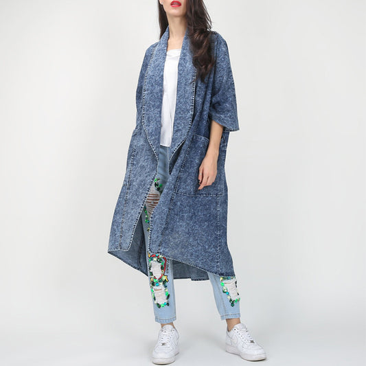 Trench-coat long en denim pour femme, automne-hiver, revers amples, demi-manches, ourlet asymétrique irrégulier