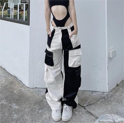 Casual Cool Symmetrical Color Matching Pocket Loose Cargo Pants Girls Sexy Low Waist Corduroy Trousers