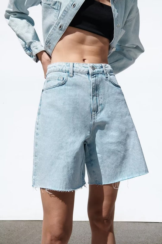 Summer High Waist Straight Long Denim Shorts Casual Denim Shorts Shorts