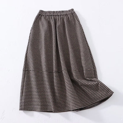 Autumn Mid Length Skirt Women Elastic Waist Woolen Houndstooth Skirt