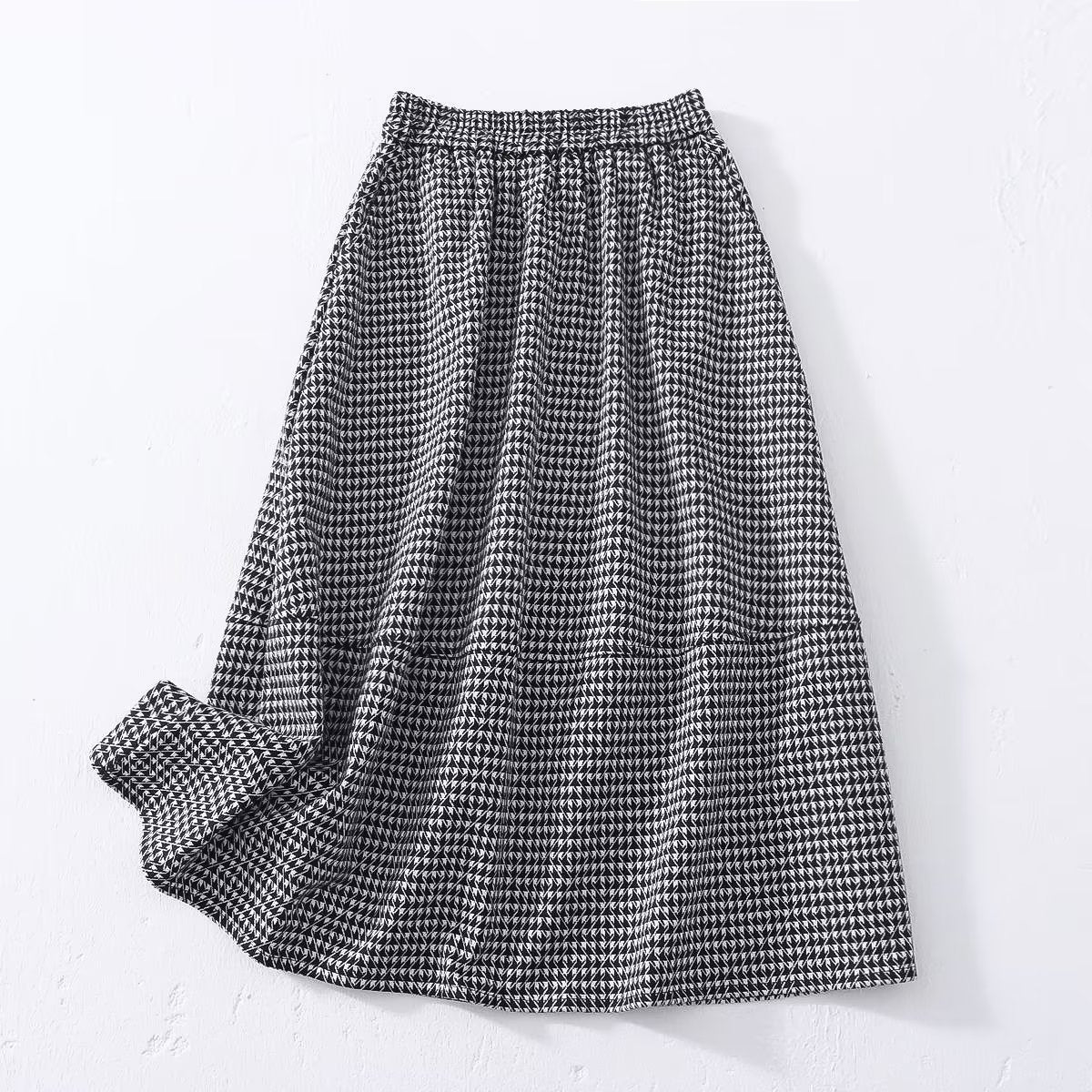 Autumn Mid Length Skirt Women Elastic Waist Woolen Houndstooth Skirt