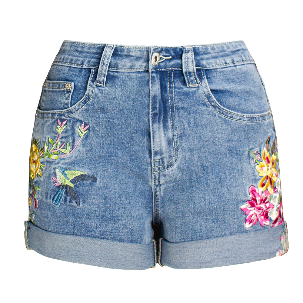 Women Clothing Wide Leg Stretch Shorts Women Clothing 3D Exquisite Embroidered Floral Denim Shorts Women