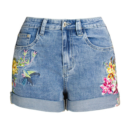 Women Clothing Wide Leg Stretch Shorts Women Clothing 3D Exquisite Embroidered Floral Denim Shorts Women