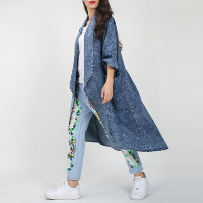 Autumn Winter Loose Lapels Half Sleeve Irregular Asymmetric Hem Long Denim Trench Coat Coat for Women