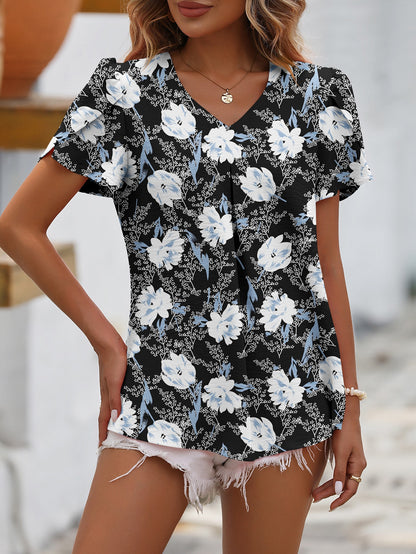 Ropa de verano para mujer, camisa informal de gasa con cuello en V, Top con manga de capullo floral