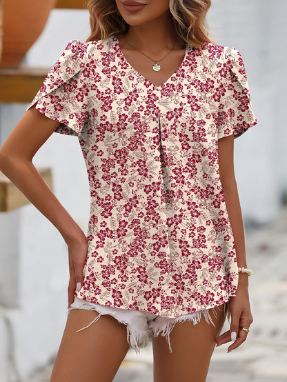 Ropa de verano para mujer, camisa informal de gasa con cuello en V, Top con manga de capullo floral