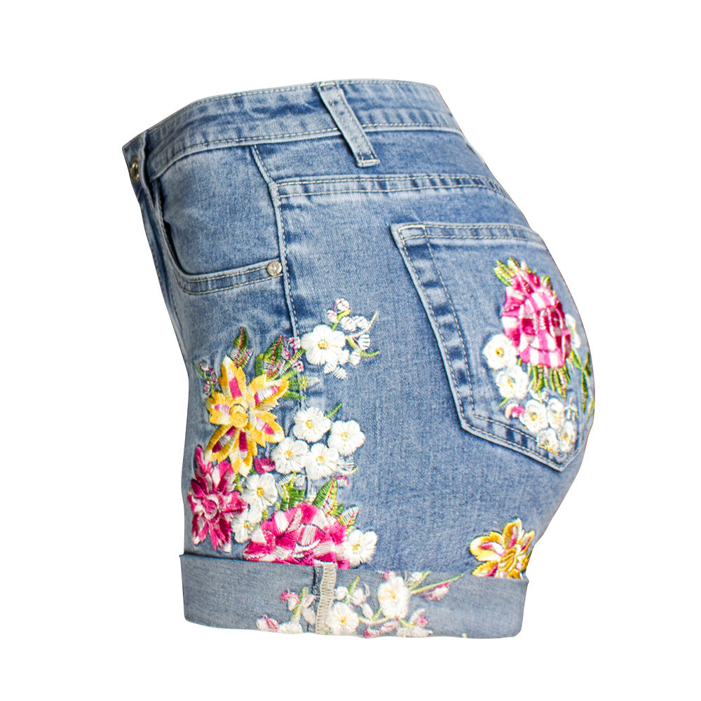 Women Clothing Wide Leg Stretch Shorts Women Clothing 3D Exquisite Embroidered Floral Denim Shorts Women