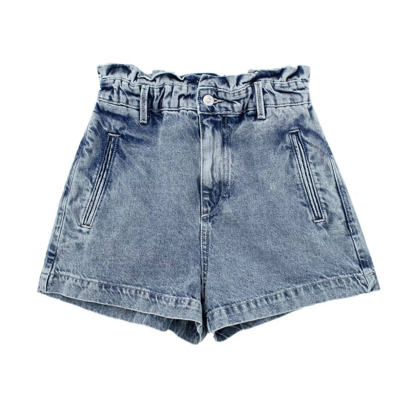 Women Bud Shaped Waist Wide Leg Straight Denim Shorts