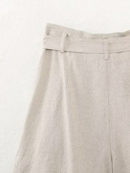 Ropa de verano para mujer con cinturón, pantalones cortos casuales de mezcla de lino