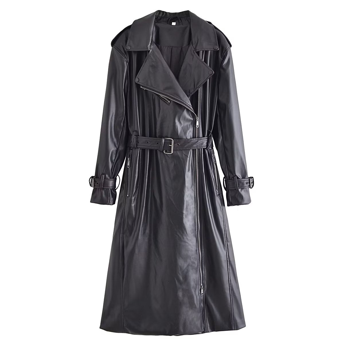 Vêtements d'automne pour femmes avec ceinture Trench-coat en similicuir noir