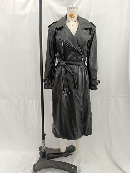 Vêtements d'automne pour femmes avec ceinture Trench-coat en similicuir noir