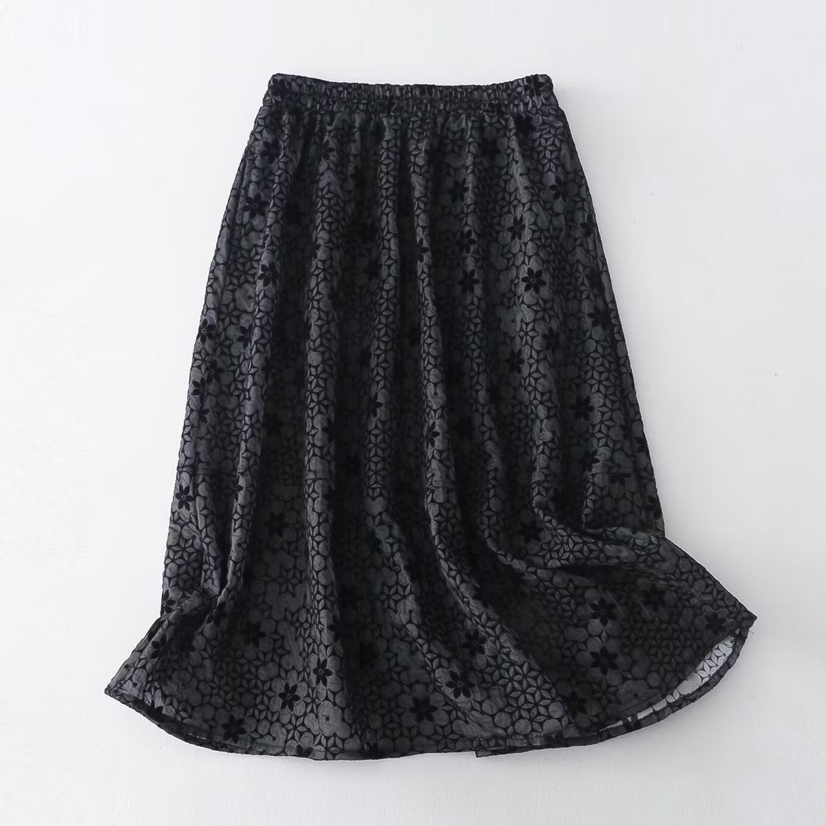 Autumn Embossed Flocking Floral A line Skirt Autumn Winter Women Dress Midi Skirt