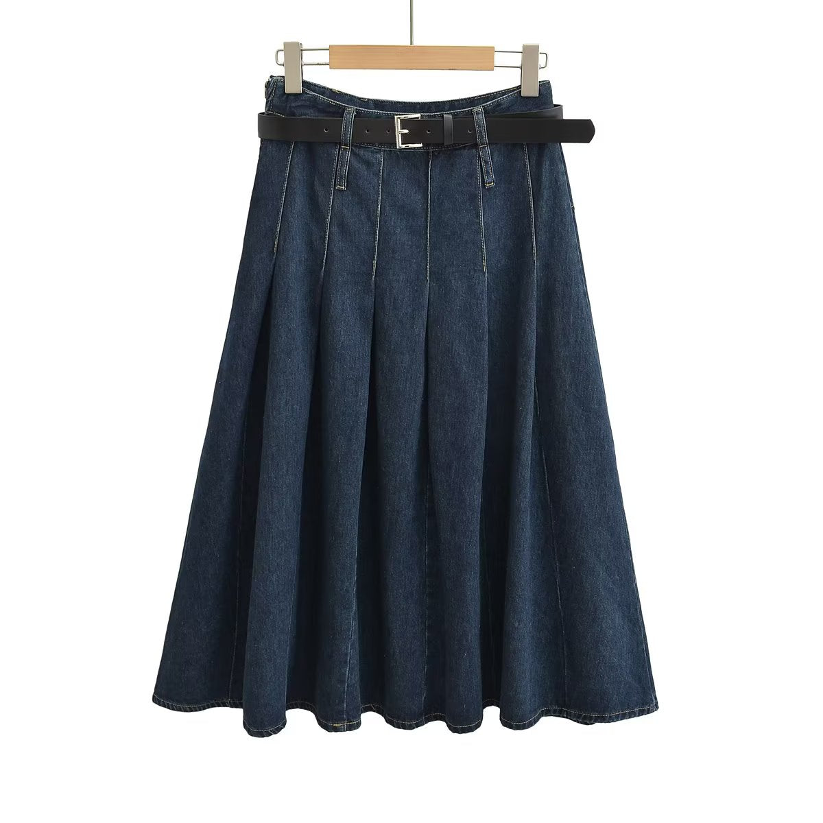 Autumn Winter Solid Blue High Waist Stitching High-End Long Skirt Pleated Skirt Skirt