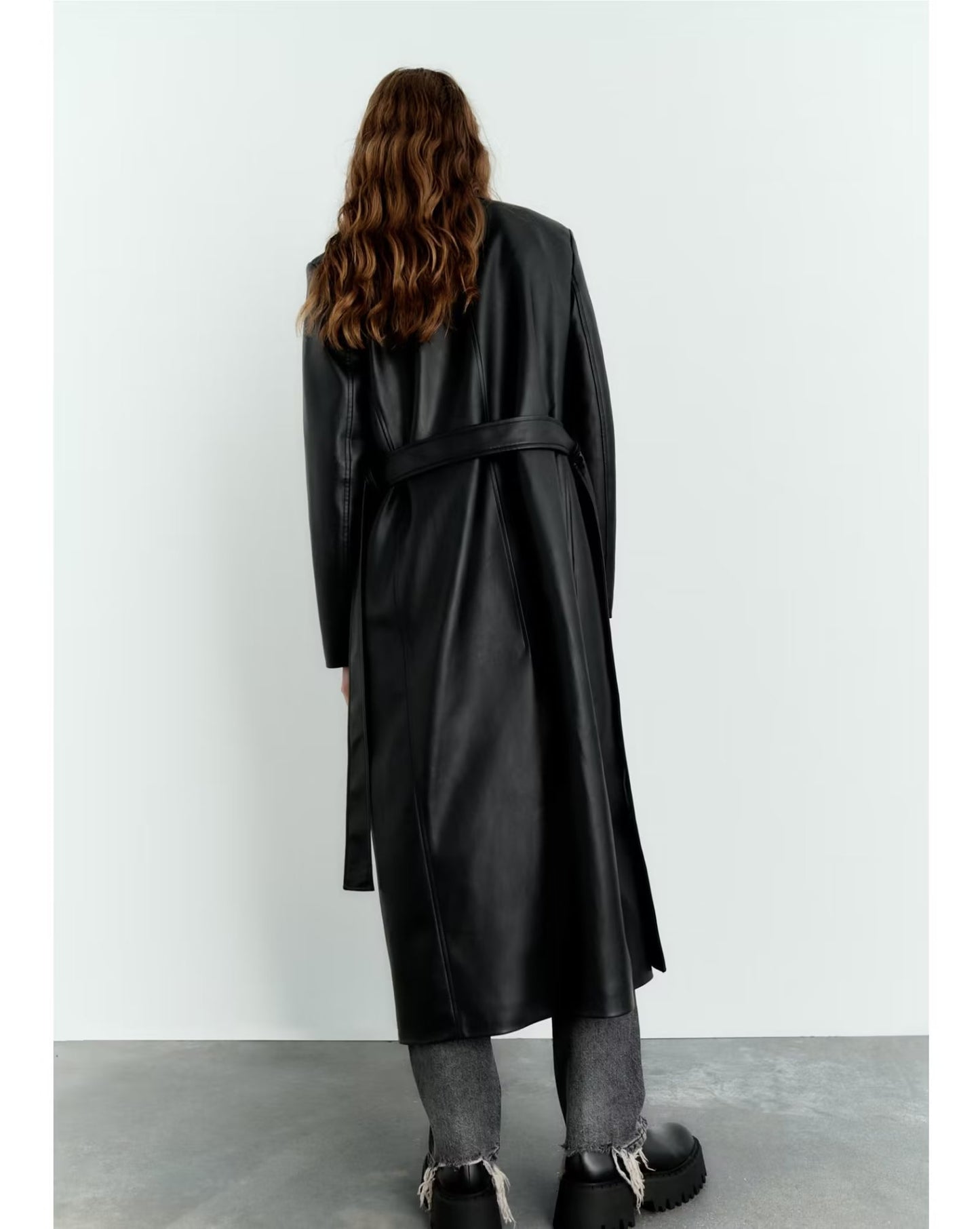 Autumn Winter Casual Retro Long Black Faux Leather Trench Coat Women