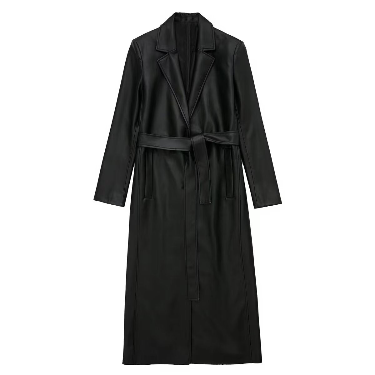 Autumn Winter Casual Retro Long Black Faux Leather Trench Coat Women