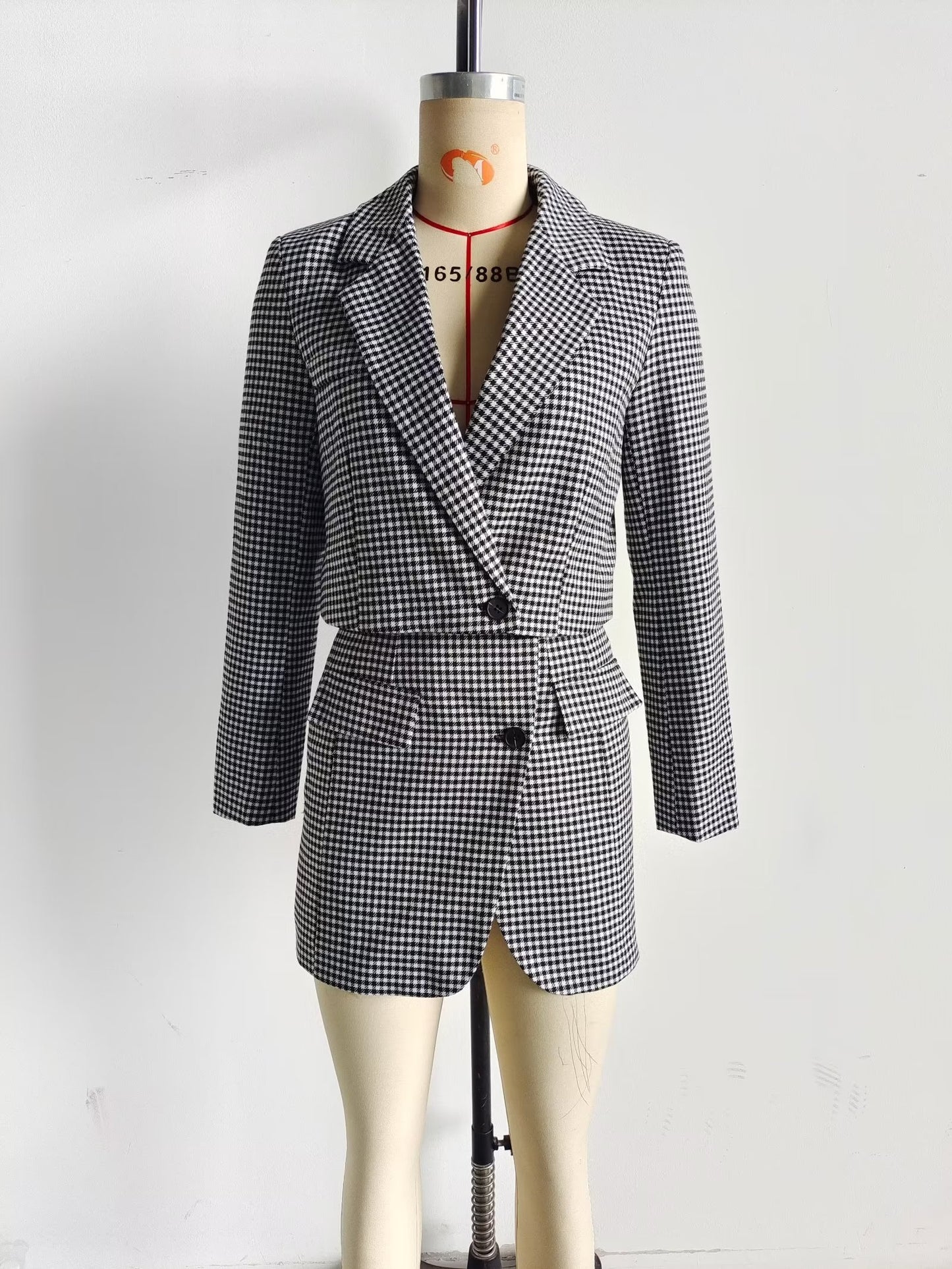 Women Clothing French Casual Small Plaid Short Blazer Suit