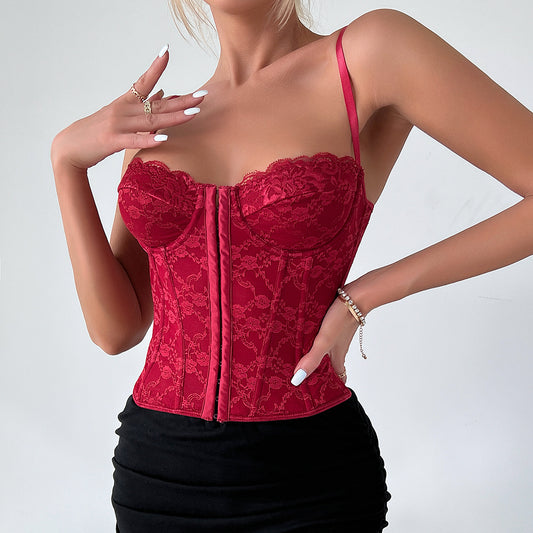 Vêtements Sexy pour femmes, couleur unie, écharpe en dentelle, Corset désossage, anneau en acier enveloppé sur la poitrine, gilet dos nu