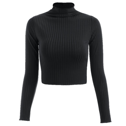 Autumn Winter Half-High Collar Solid Color Long-Sleeved Knitted T- Slim-Fit Women Cropped Top Sweater