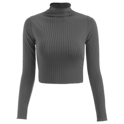 Autumn Winter Half-High Collar Solid Color Long-Sleeved Knitted T- Slim-Fit Women Cropped Top Sweater