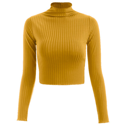 Autumn Winter Half-High Collar Solid Color Long-Sleeved Knitted T- Slim-Fit Women Cropped Top Sweater