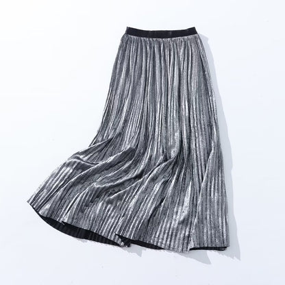 Autumn Winter Gold Silk Pleated Skirt Women