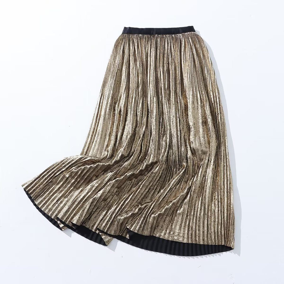 Autumn Winter Gold Silk Pleated Skirt Women