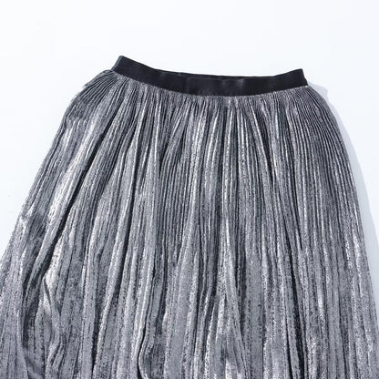 Autumn Winter Gold Silk Pleated Skirt Women