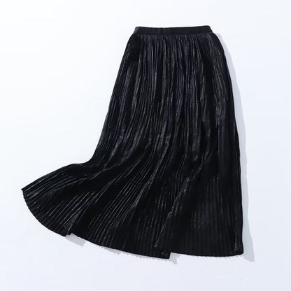 Autumn Winter Gold Silk Pleated Skirt Women