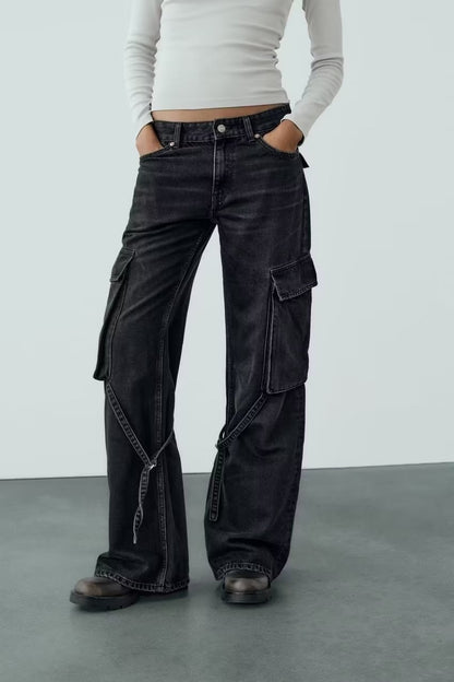 Women Loose Strap Accessories Mid Waist Cargo Jeans Trousers