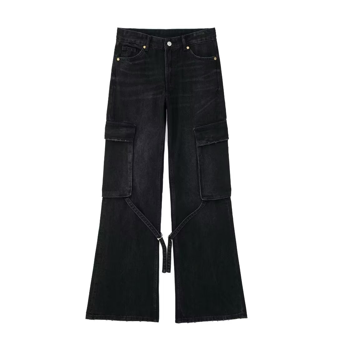 Women Loose Strap Accessories Mid Waist Cargo Jeans Trousers