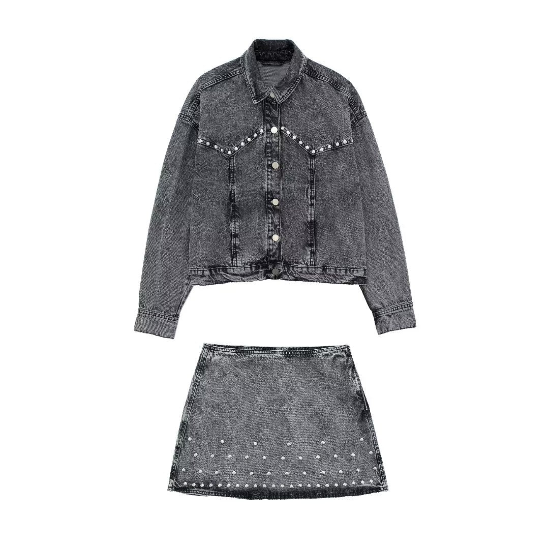 Automne femmes vêtements Rivet ornement Denim veste manteau Mini jupe