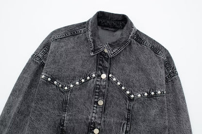 Automne femmes vêtements Rivet ornement Denim veste manteau Mini jupe