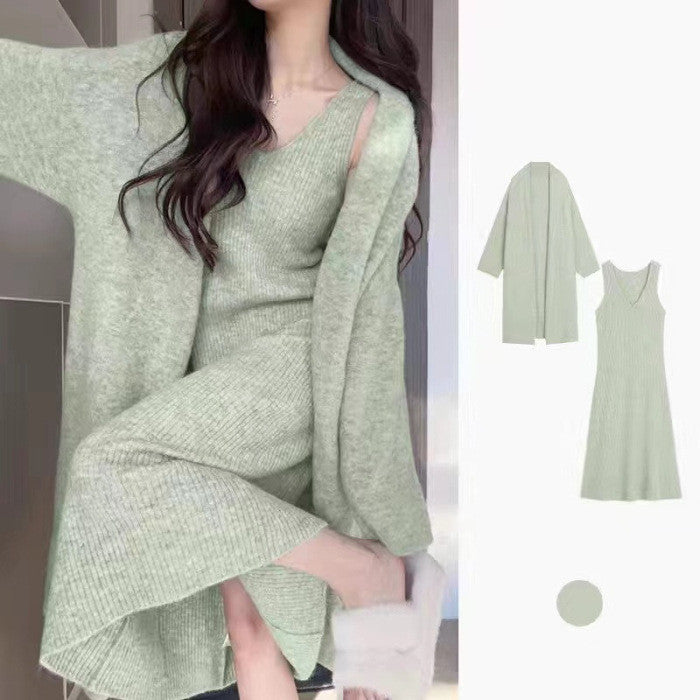 Women's Sling Knitted Dress Sweater Cardigan Night Skirt Suit