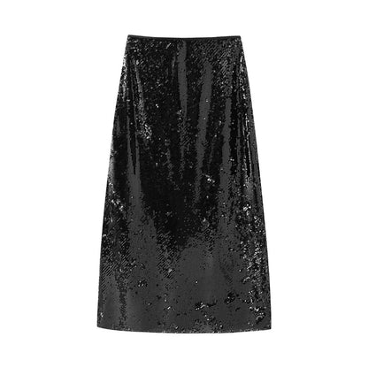 Winter Slim Fit Half Length Straight Skirt High Waist Slimming Sequined Hip Skirt for Women